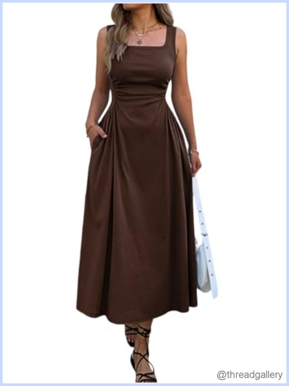 Square Neck Sleeveless Maxi Dress Ruched Waist Corset Flowy Summer with Pockets